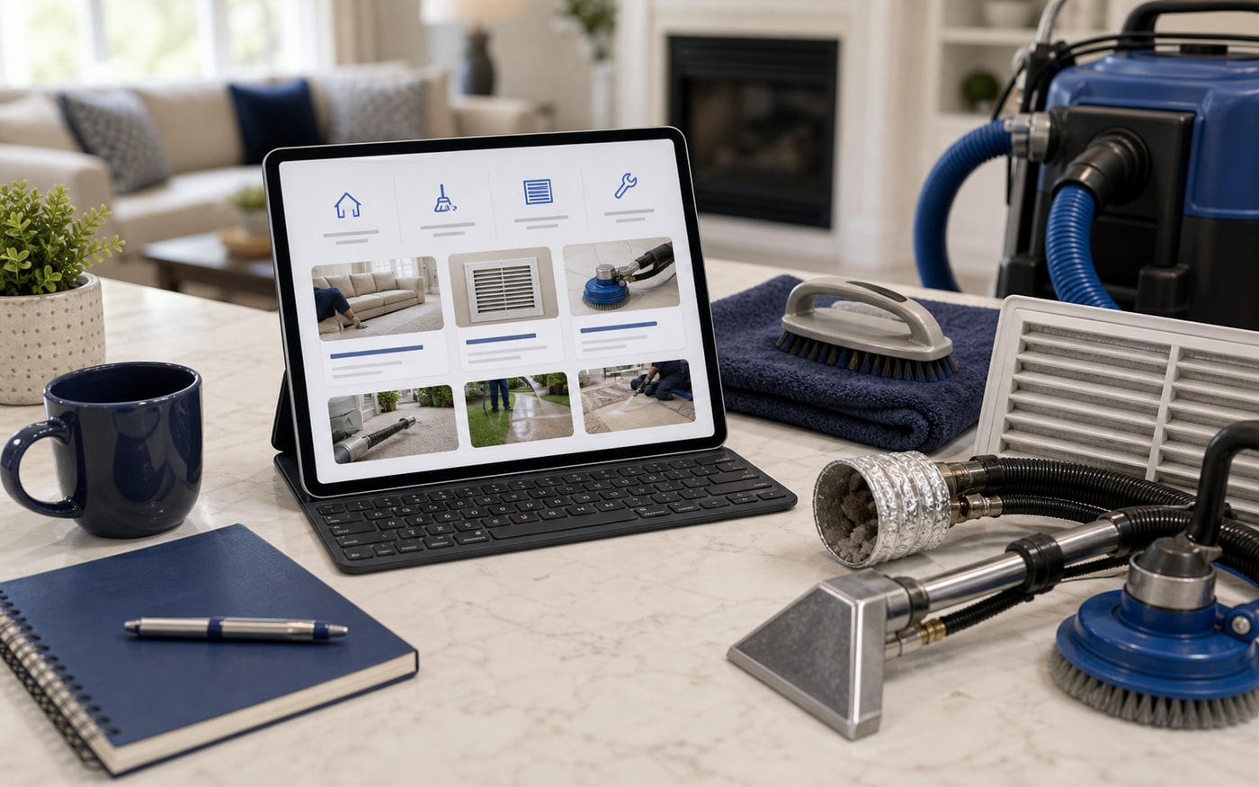 Home care planning tools and professional cleaning equipment