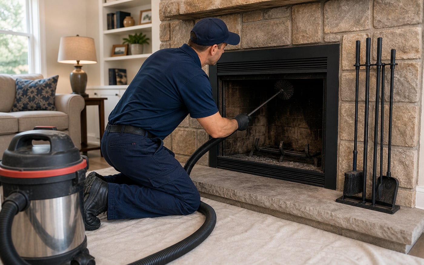 A professional chimney sweep cleaning a home fireplace flue