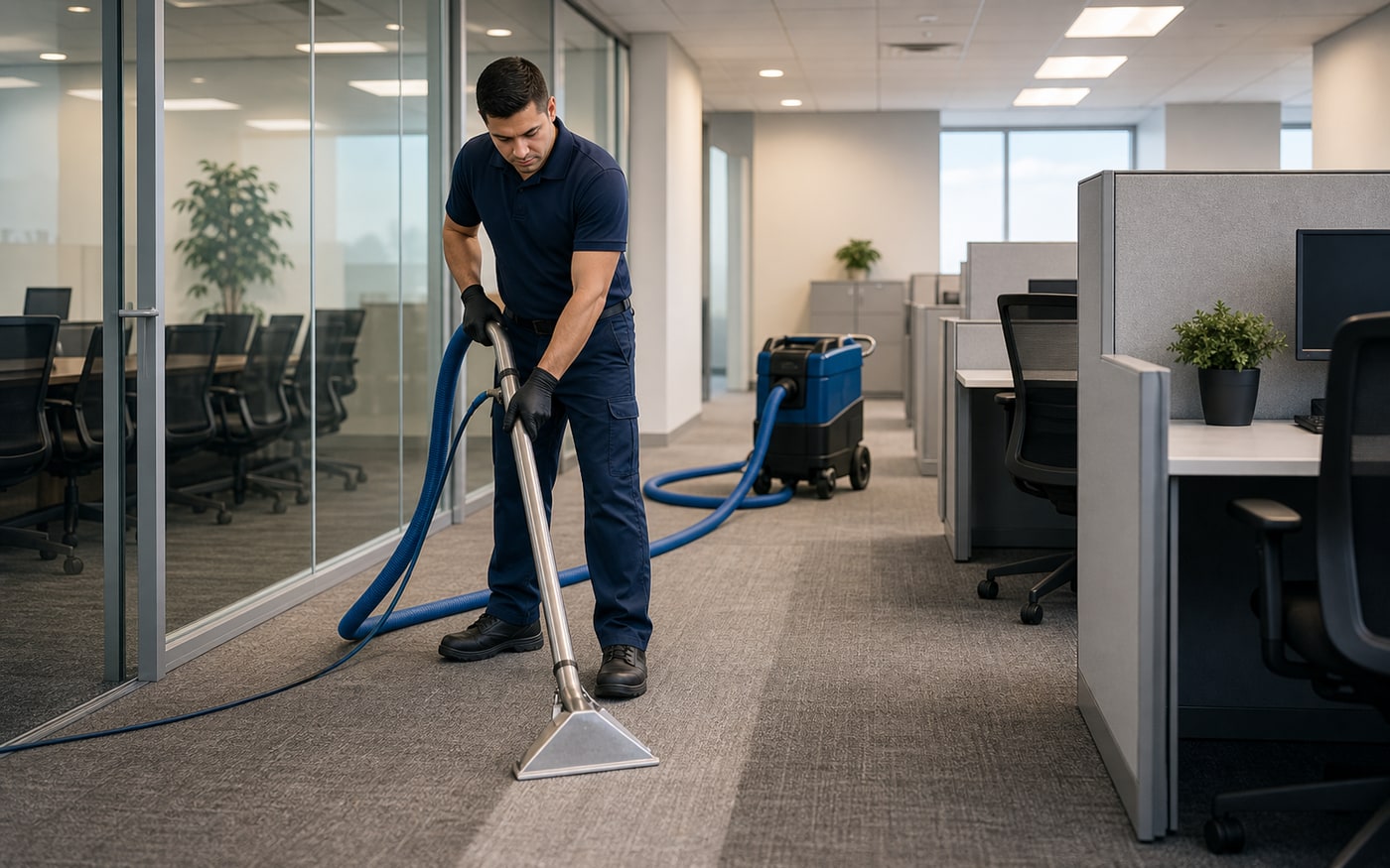 Professional commercial carpet cleaning in an office lobby