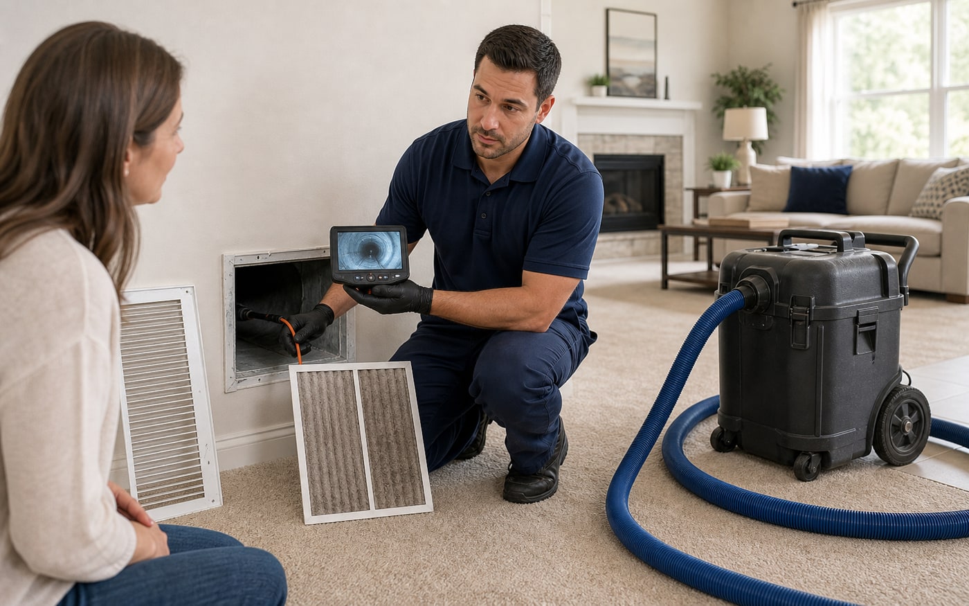 HVAC technician cleaning a home air duct system