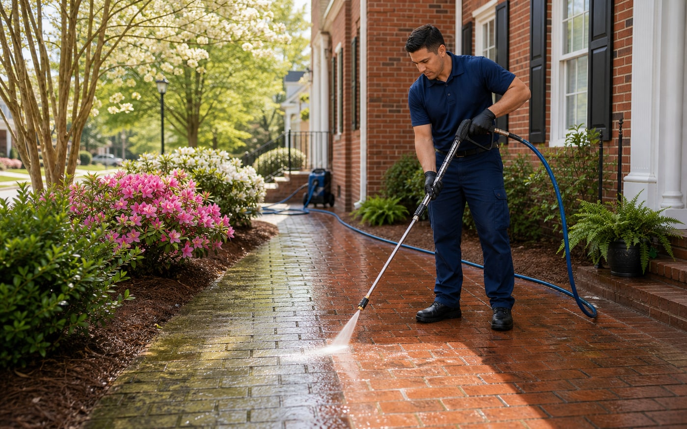 Pressure washing a Richmond home's siding and driveway