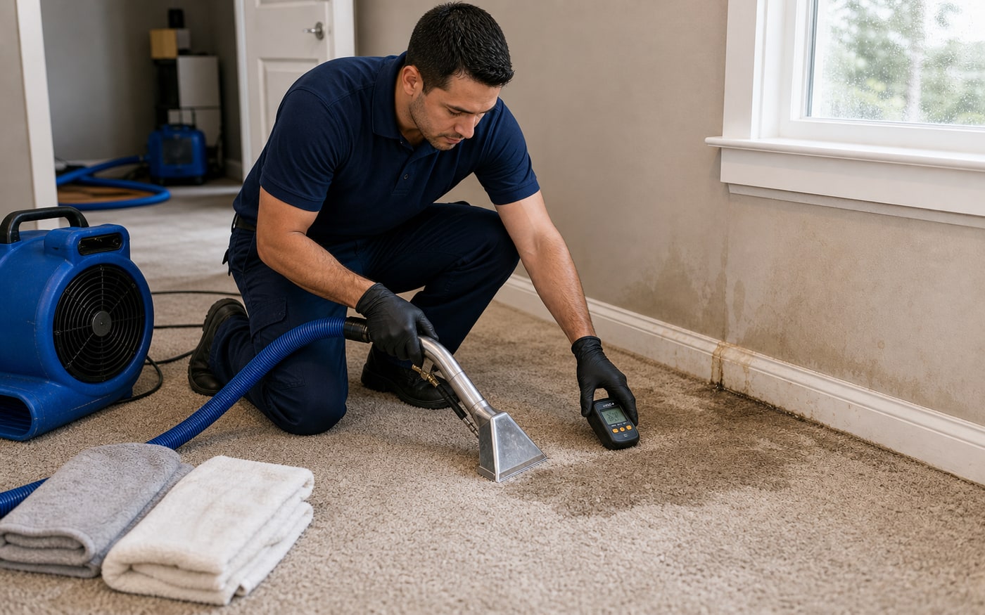 Wet carpet being dried after a household water leak