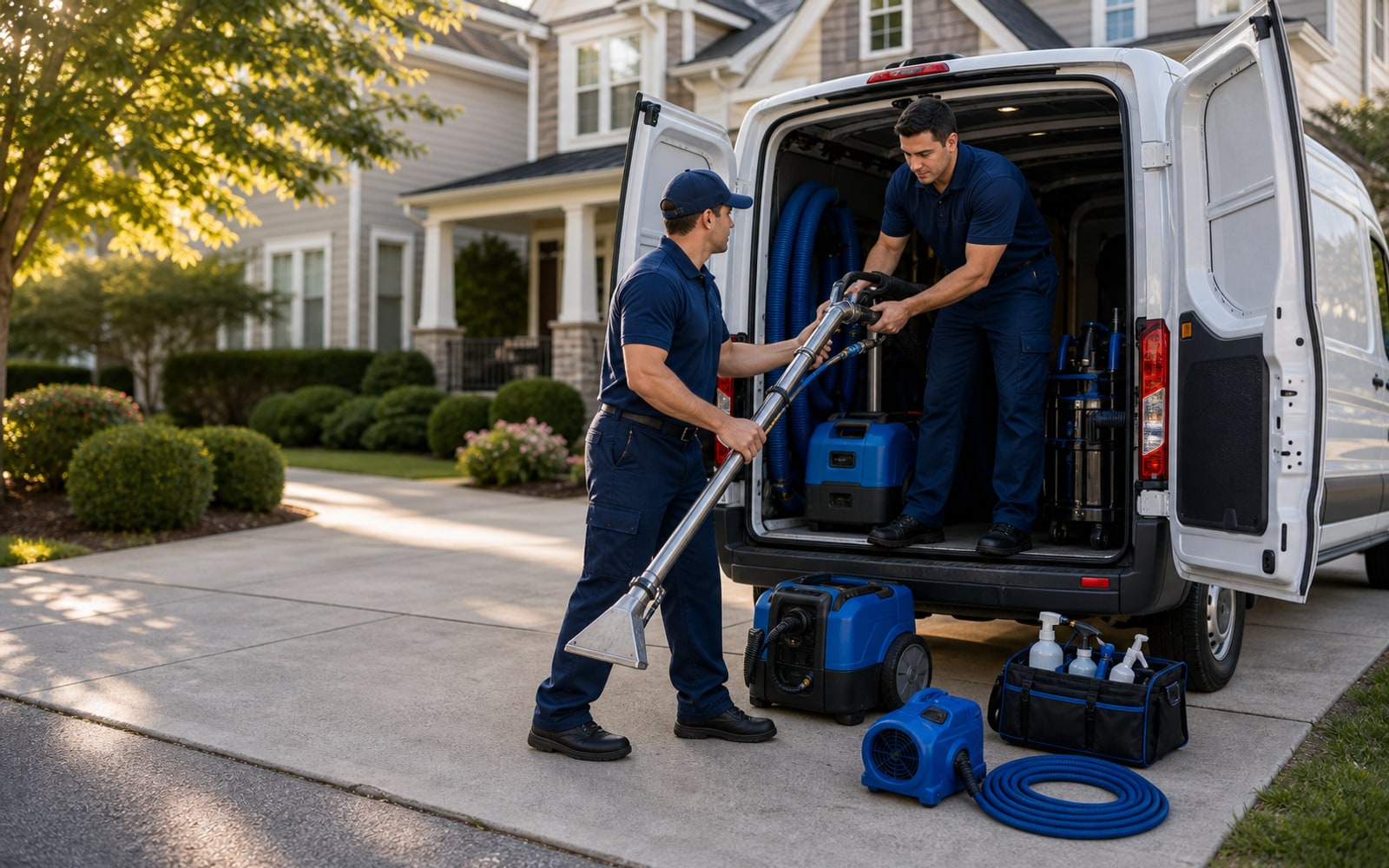 CarpetPros technicians preparing professional cleaning equipment
