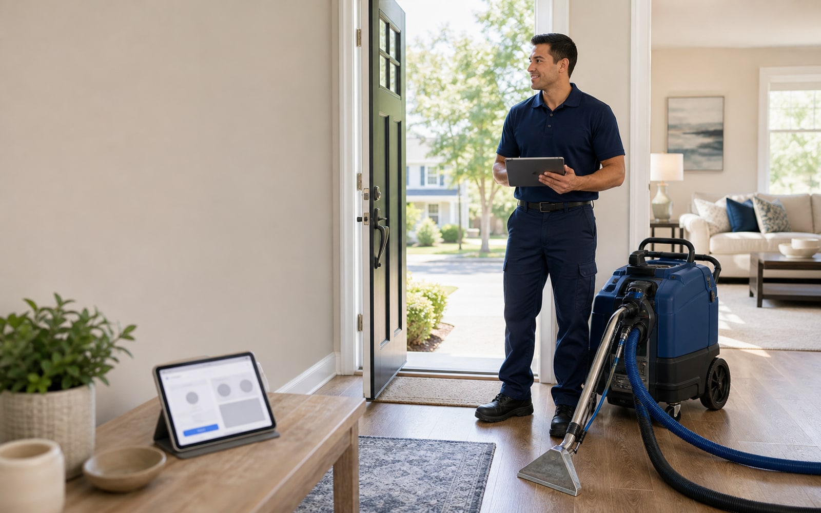A technician arriving for a scheduled home cleaning appointment