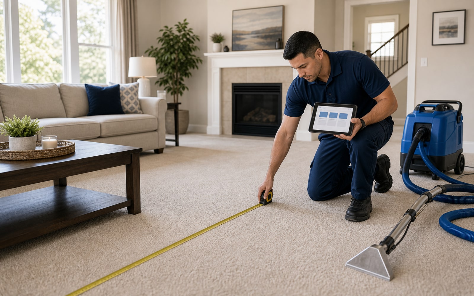 A technician preparing an upfront home cleaning quote