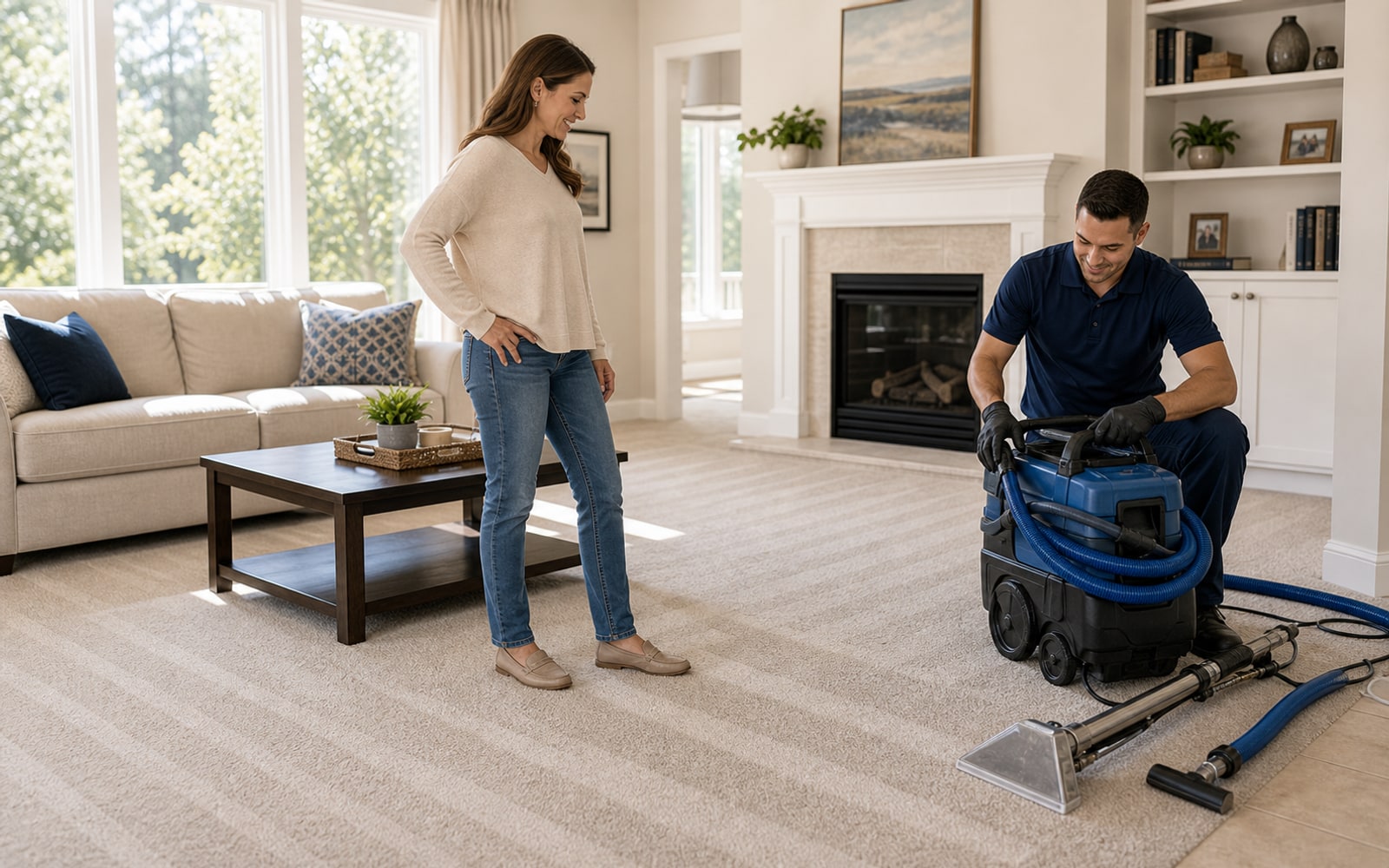 A CarpetPros technician reviewing a finished cleaning job with a customer