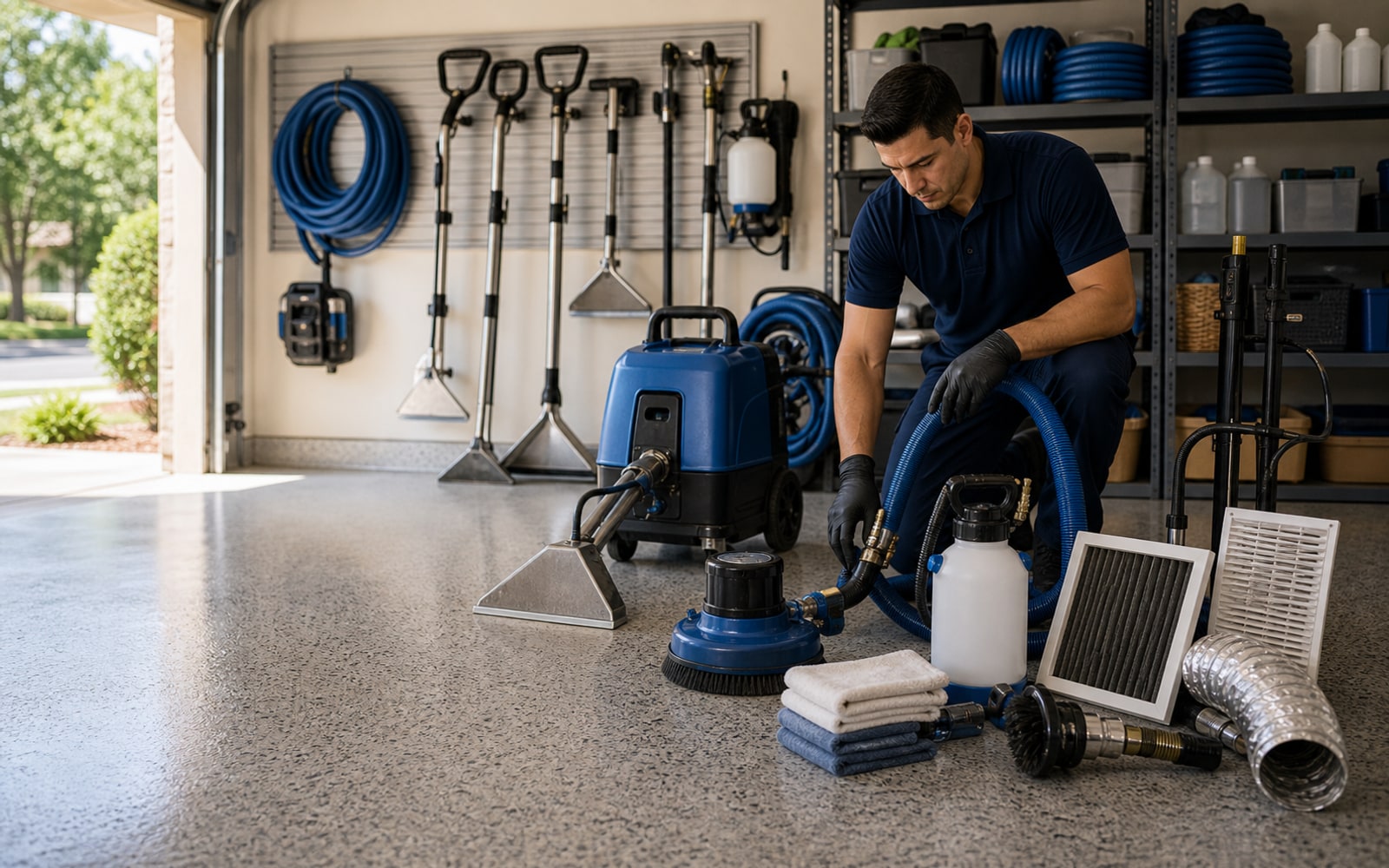 Professional cleaning equipment staged for multiple home services